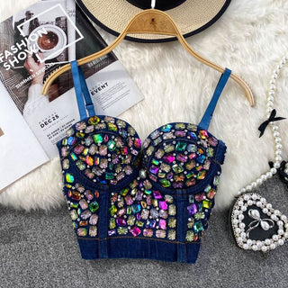 Sweetheart neck padded denim beaded cami top