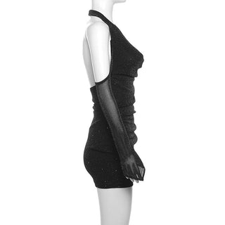 Long sleeve off shoulder halter cowl neck glitter mesh mini dress