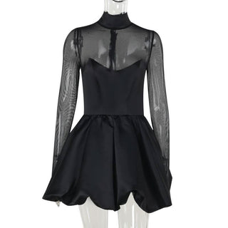 Long sleeve high neck zip-up mesh patchwork mini dress