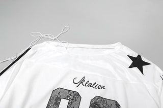 Irregular long sleeve self tie print contrast top