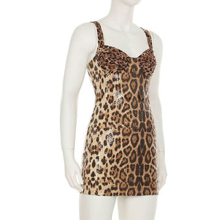 Glitter v neck leopard print backless tank mini dress