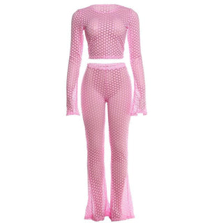 Long flared sleeve hollow out see through crop pant set