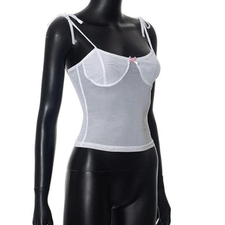 Sheer mesh see through bowknot self tie cami top