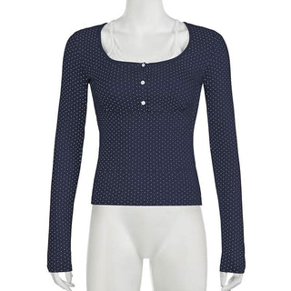 Polka dot long sleeve button lace hem patchwork top