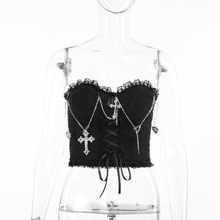 Metal chain lace up sweetheart neck tube top