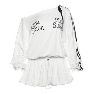 Irregular long sleeve ruched letter pattern mini dress