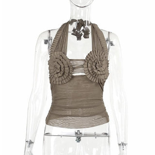 Halter pleated hollow out ruched mesh backless cut out top