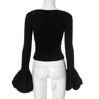 Long puff sleeve round neck ribbed ruched top