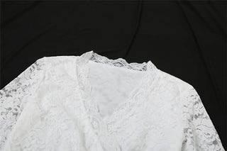 Long flared sleeve v neck lace self tie mini dress