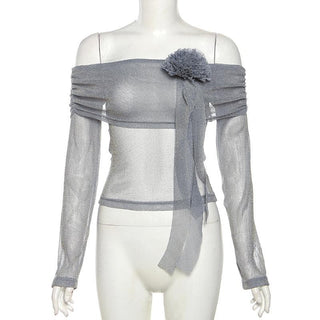 Long sleeve off shoulder flower applique glitter top