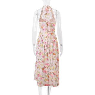 Halter print lace hem knotted maxi dress
