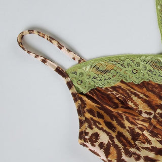 Leopard print lace hem bowknot cami mini dress