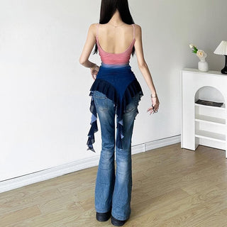 U neck sheer mesh gradient irregular ruffle cami top