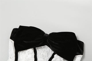 Velvet bowknot contrast lace ruffle backless tube crop top