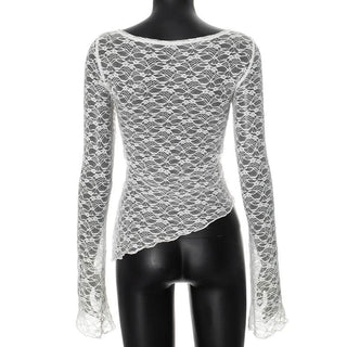 Irregular long sleeve lace see through solid top