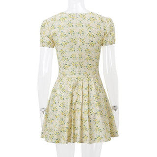 Short puff sleeve print pleated v neck mini dress