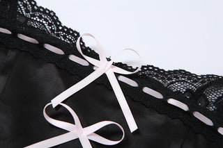 Satin bowknot ribbon lace hem zip-up cami top