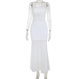 Mesh patchwork solid stitch tube maxi dress
