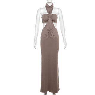 Halter ruched backless tube 2 piece maxi dress