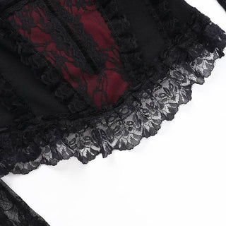 Long sleeve lace hem square neck self tie top