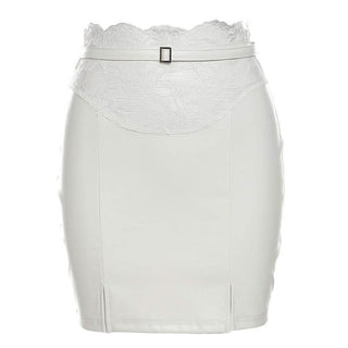 Slit lace hem PU leather belt solid mini skirt