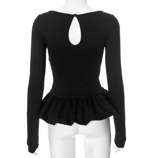 Ruched long sleeve round neck hollow out ruffle cut out top
