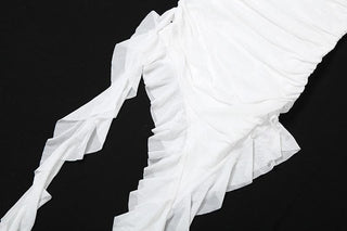 Off shoulder flower applique ruffle ruched mini dress