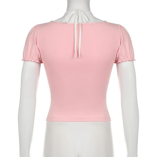 Short puff sleeve halter patchwork bowknot top