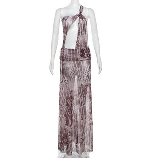 One shoulder irregular hollow out high slit print cut out maxi dress
