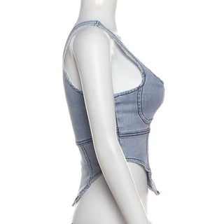Denim square neck zip-up sleeveless tank top