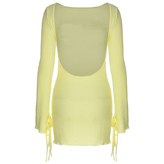 Long sleeve backless self tie mini dress