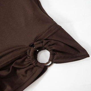 Long sleeve cowl neck o ring self tie ruched hollow out cut out top