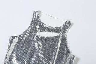 Crewneck glitter hollow out ruffle irregular crop cut out top