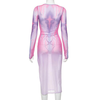 Long sleeve sheer mesh print midi dress