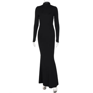 Long sleeve high neck backless solid maxi dress
