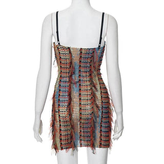 Mesh ruffle stitch contrast textured cami mini dress