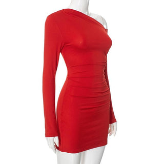 Long sleeve one shoulder ruched mini dress