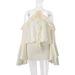 Flared sleeve halter backless ruffle drawstring mini dress