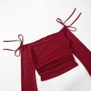 Off shoulder long sleeve ruched self tie top