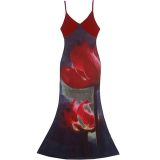 V neck velvet flower print zip-up cami maxi dress