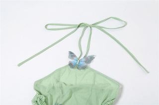 Halter sheer mesh butterfly applique backless maxi dress