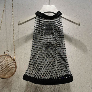 Crewneck hollow out see through beaded button cut out top