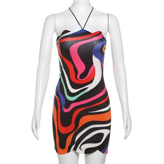 Cross back print backless self tie cami mini dress