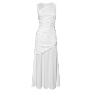 Crewneck ruched patchwork irregular tank midi dress