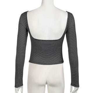 Long sleeve u neck striped backless top