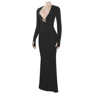 V neck long sleeve butterfly applique maxi dress