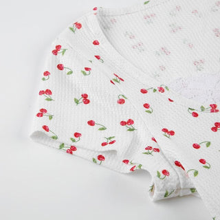 Cap sleeve textured cherry print bowknot lace hem top