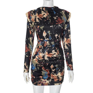 Long sleeve ruched tie dye print crewneck mini dress