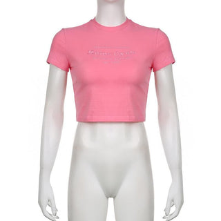 Short sleeve letter embroidery crop top