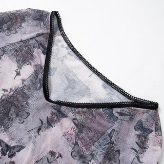 Long flared sleeve butterfly print sheer mesh top